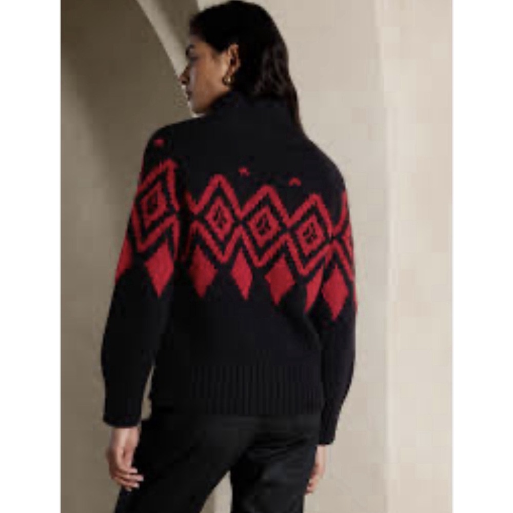 Banana Republic Skye Fair Isle Wool Blend Funnel Neck Knit Sweater M Black/Red